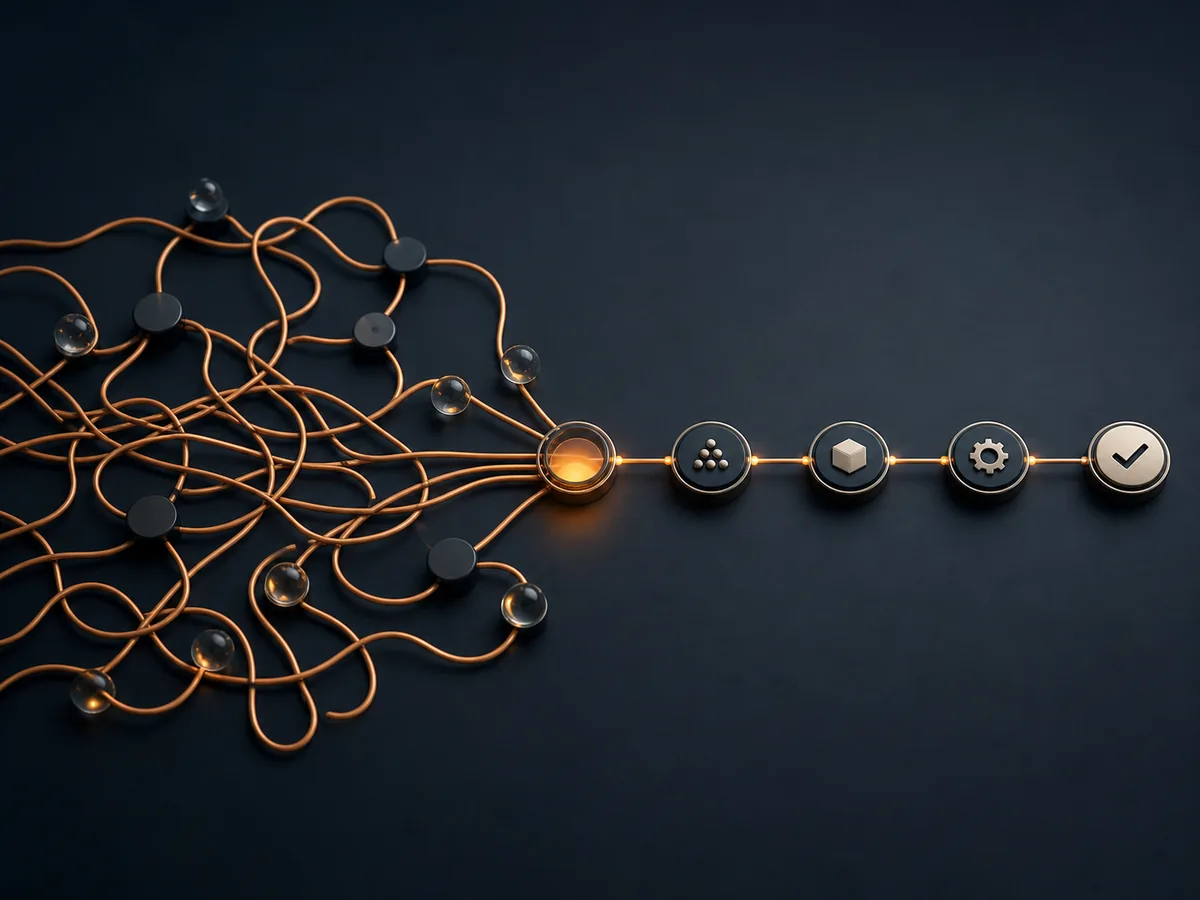 Tangled orange cables converging into an ordered sequence of workflow steps, representing operational infrastructure