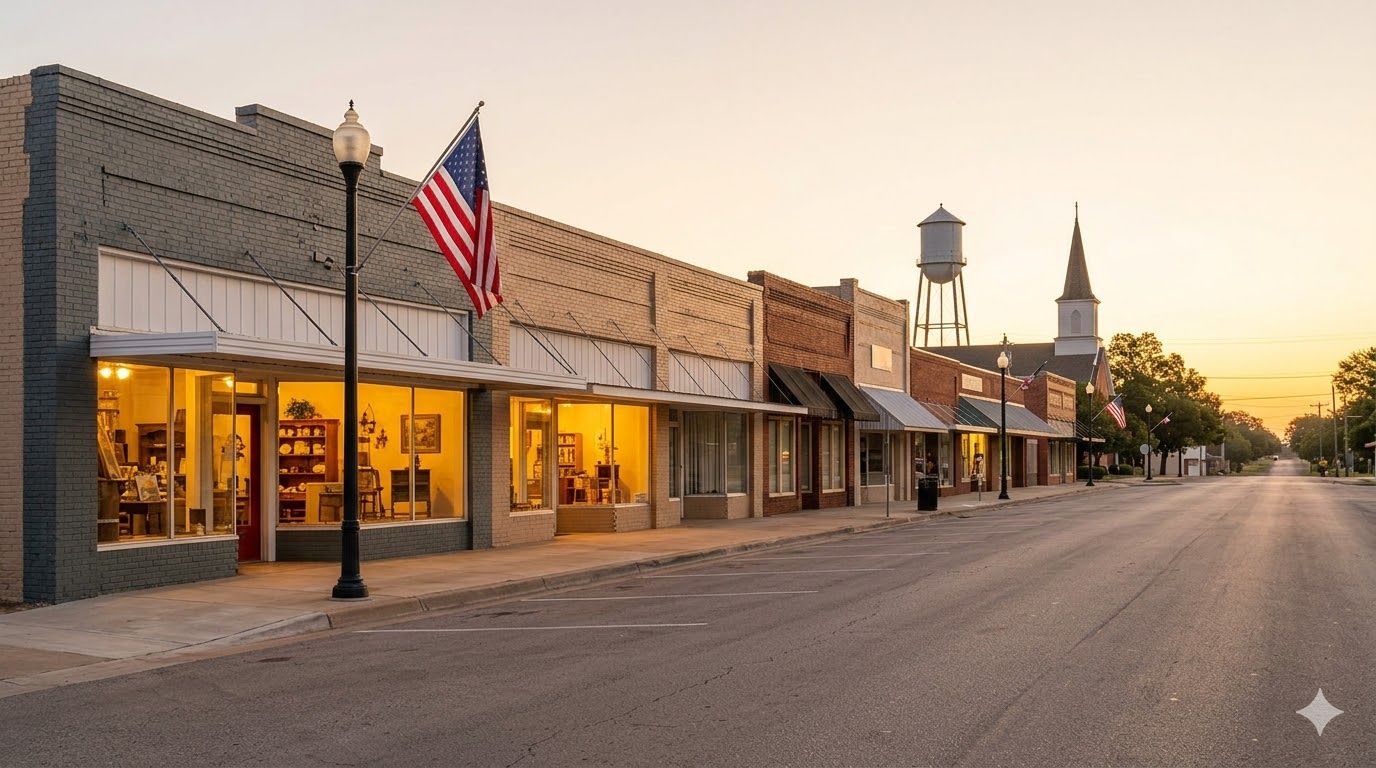 Texas small-town main street at sunrise with American flag and storefronts