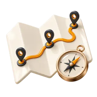 Illustration of a folded map with a route between location pins and a compass